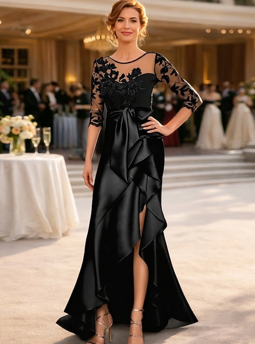 black a line dress wedding guest Plus-Size Black Wedding-Guest Dress with Cap Sleeves– PromGirl main image 1