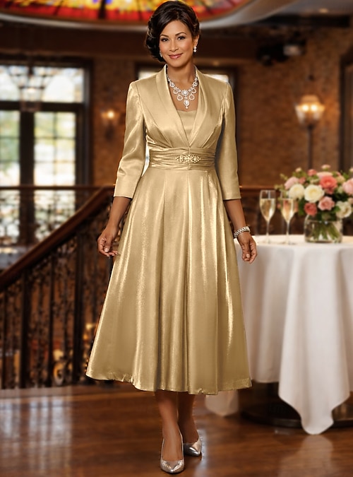 green emerald velvet dress Elegant Bateau Neck A-Line Mother of the Bride Dress – Tea-Length 3/4 – HER  SHOP main image 1