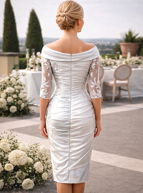 Sheath Column Knee Length Party Dress Cocktail Dress Wedding Guest Dress Mother of the Bride Dress Half Sleeve Off Shoulder Elegant Wedding Guest Wedding Party Taffeta with Appliques Ruching 2026 - $167.99 Sheath Column Knee Length Party Dress Cocktail Dress Wedding Guest Dress Mother of the Bride Dress Half Sleeve Off Shoulder Elegant Wedding Guest Wedding Party Taffeta with Appliques Ruching 2026 - $167.99