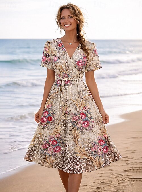 Easter Women's Midi Dress A Line Dress Elegant Vacation Casual Regular Fit Floral Graphic Short Sleeve V Neck Blue Purple Green Beige Summer Spring