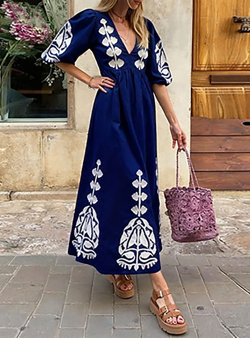 casual modern kaftan dress Geometric Patterns Kaftan Dress for Women blue V Neck Beach Swimwear Cover  Up Casual Side Split Caftans (1132-0) at Amazon Women's Clothing store