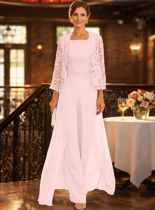 lace pantsuit wedding dress T262059 Whimsical Lace Jumpsuit with Tulle Overskirt and 3D Organza Flower Straps