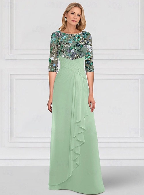 A-Line Floor Length Beaded Eembroidered Wedding Guest Dress Formal Dresses  Mother of the Bride Dress Half Sleeve Boat Neck Elegant Simple Luxurious  Formal Wedding Guest Chiffon Lace Beaded Lace with 2026 -
