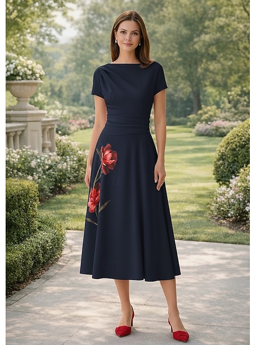 A-Line Tea Length Cocktail Dress Wedding Guest Dress Mother of the Bride  Dress Short Sleeve V Neck Boat Neck Elegant Simple Casual Formal Kentucky  Derby Semi Formal Stretch Crepe with Pleats Print
