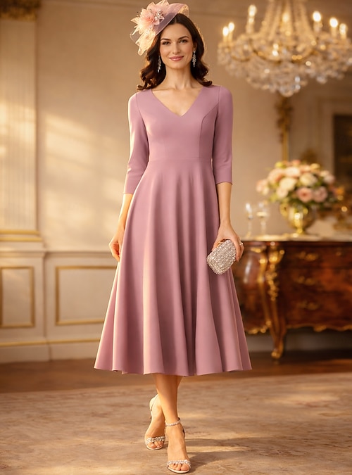 cocktail dress for engagement party guest A-Line Tea Length Dress Wedding Dress Mother of the Bride Dress 3/4 Length Sleeve Crew Neck Elegant Wedding Guest Engagemen Cocktail Wedding Attire: What To