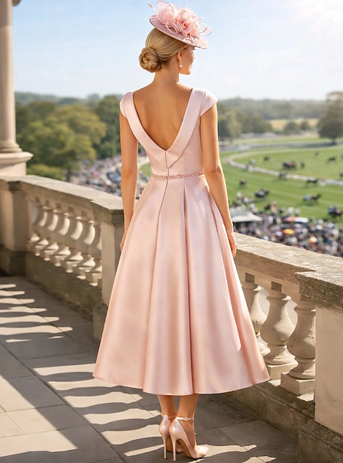 chinese dress ladies Mother of the Bride Dress Satin A-Line Tea Length Cowl Neck Bow Formal Gown  COCOMELODY CM0348