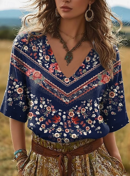 2026年 女性用 ひざ丈ドレス T シャツドレス A ラインドレス 旅行度假风 カジュアル ボヘミアン ビーチ レギュラー フラワー グラフィック  半袖 Ｖネック ブルー ルビーレッド パープル グリーン 夏 春 コレクション – JP ¥4282 Bohemians レッド Tシャツ 五分袖