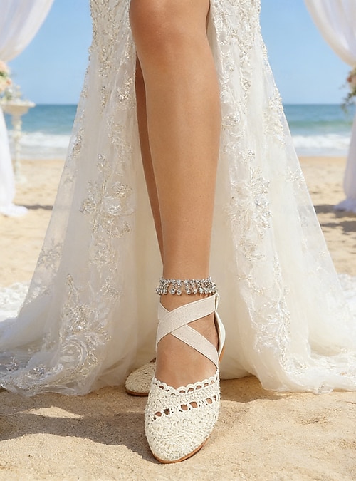 Women's White Crochet Lace Flats, Cross-Strap Boho Bridal Shoes for Beach Weddings 2026
