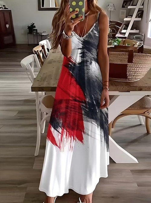 boho graffiti dress Women's Maxi Sundress A Line Dress Slip Dress Vacation Casual Beach Loose Fit Graphic Geometric Sleeveless V Neck Blue White blue Yellow Red Summer Spring 2026 Xscape Beaded Cape Overlay SIZE:Medium cup D The jersey has significant MESHKI Broadcast Channel