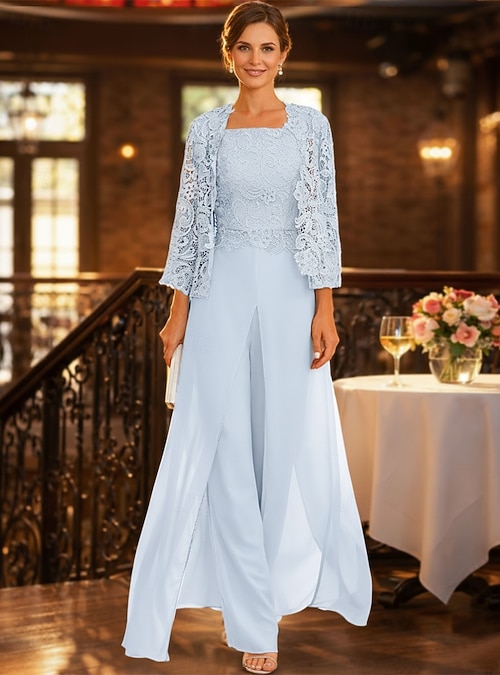 Jumpsuit Pantsuit Floor Length Mother of the Bride Dress Sleeveless Square  Neck Elegant Wrap Included Formal Wedding Guest Wedding Party Chiffon Lace  Wrap Included with Appliques 2026 - CHF122