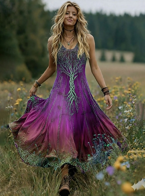 bohemian style crew neck dress Multi Print High Neck Boho Dress X29153
