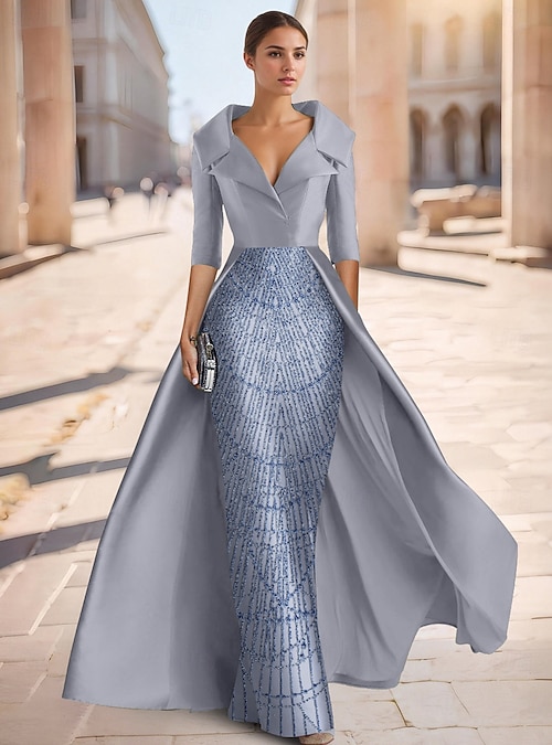 A-Line Floor Length Beaded Eembroidered Formal Dresses Mother of the Bride  Dress Evening Gown Ball Gown with Overskirt Formal Dress Elegant Silky Half  Sleeve Shirt Collar Wedding Formal Satin with 2026 -