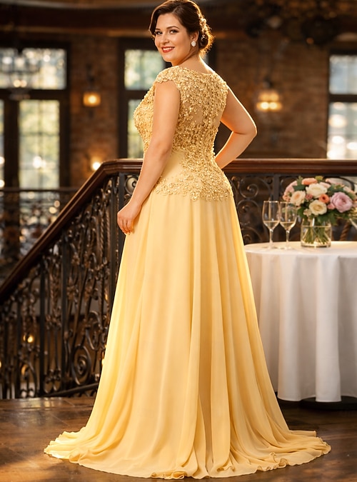 A-Line Sweep Brush Train Wedding Guest Dress Formal Dresses Evening Gown  Mother of the Bride Dress Short Sleeve Illusion Neck Elegant Plus Size  Party Wedding Guest Special Occasion Chiffon Beaded Lace 2026 -