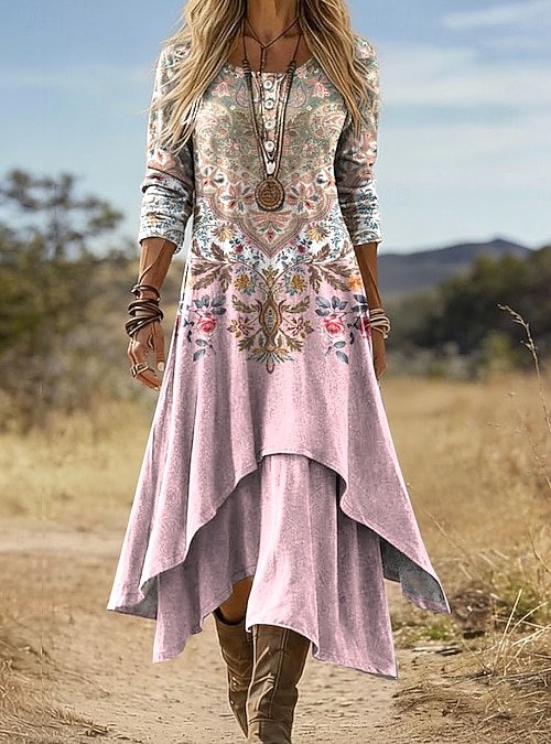 boho shift dress with sleeves Sakmal Womens Fashion Elbow-Length V-Neck Trendy Floral Long Boho Shift Dresses Dresses Dresses for Ladies, Women's, Size: 4,6,8,10,12,14,16,18,20,