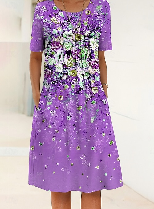 Women's Midi Dress Shift Dress Summer Dress Vacation Casual Daily Regular  Fit Floral Graphic Half Sleeve Crew Neck Blue Purple Orange Green Summer  Spring 2026 - $34.99