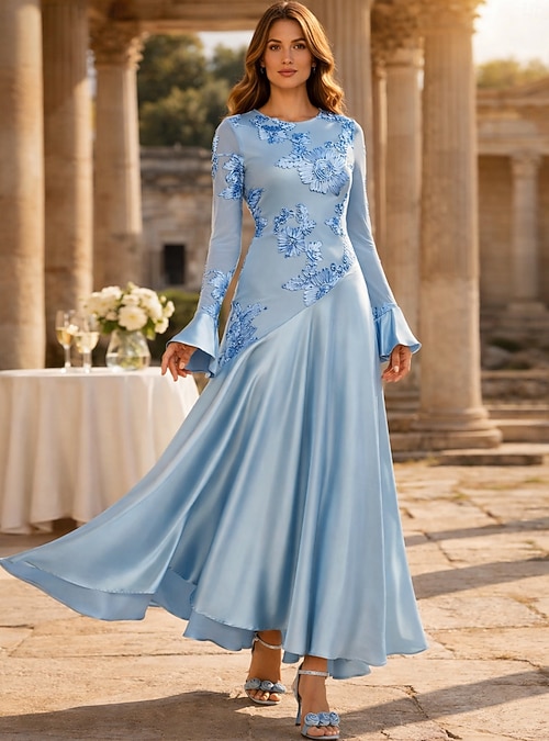 A-Line Floor Length Party Dress Cocktail Dress Wedding Guest Dress Mother  of the Bride Dress Long Sleeve Crew Neck Elegant Celebrity Style Silky Garden  Party Wedding Formal Lace Tulle Stretch Satin 2026 -