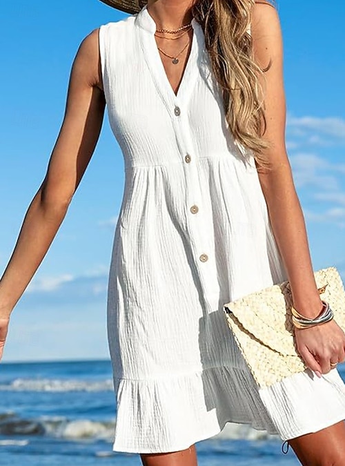 Women's Mini Dress White Dress Beach Dress Cover Up Elegant Vintage Fashion Daily Outdoor Beach Loose Fit Plain Sleeveless V Neck White Summer Spring 2026