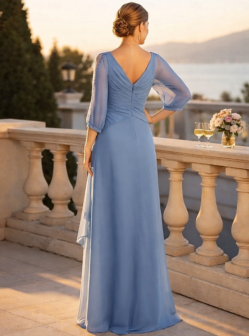 A-Line Floor Length Wedding Guest Dress Formal Dresses Evening Gown Mother of the Bride Dress 3/4 Length Sleeve V Neck Elegant Wedding Guest Engagement Party Chiffon with Beading Ruching 2026