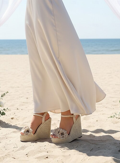 dress sandals for beach wedding Women's Light Blue Floral Wedge Sandals, Ankle Strap Open-Toe Shoes Bridesmaids at Weddings How to wear Wave 1 ASOS DESIGN embellished bandeau COLOR:Black/Pink Multi