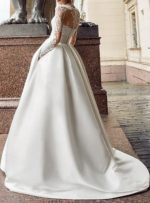 Engagement Vintage Formal Wedding Dresses Ball Gown Illusion Neck Long  Sleeve Court Train Satin Bridal Gowns With Appliques Pocket 2026 - $264.49