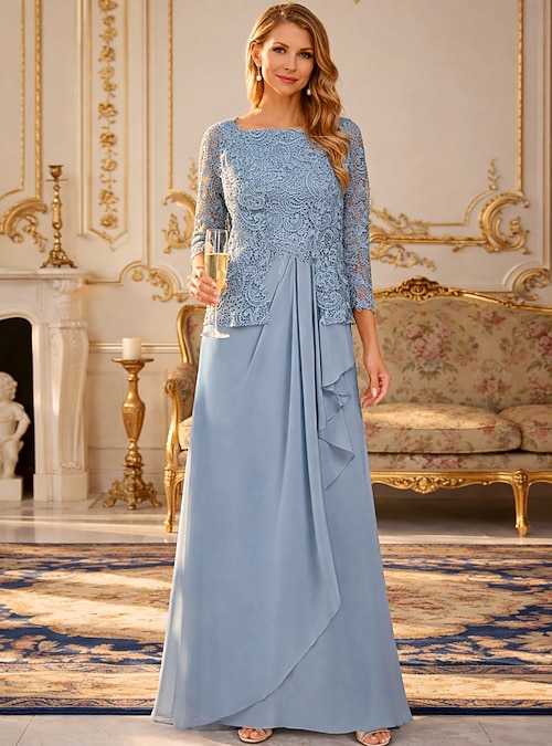 Two Piece A-Line Floor Length Wedding Guest Dress Mother of the Bride Dress  Sleeveless 3/4 Length Sleeve Square Neck Elegant Simple Minimalist Formal  Wedding Guest Chiffon Corded Lace with Pleats 2026 - $159.99