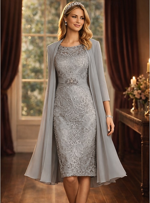 Dress Sets Knee Length Wedding Guest Dress Mother of the Bride Dress Long  Sleeve Crew Neck Elegant Simple Wedding Guest with Solid Color 2026 - GBP  172