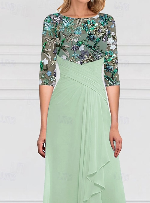 A-Line Floor Length Beaded Eembroidered Wedding Guest Dress Formal Dresses  Mother of the Bride Dress Half Sleeve Boat Neck Elegant Simple Luxurious  Formal Wedding Guest Chiffon Lace Beaded Lace with 2026 -