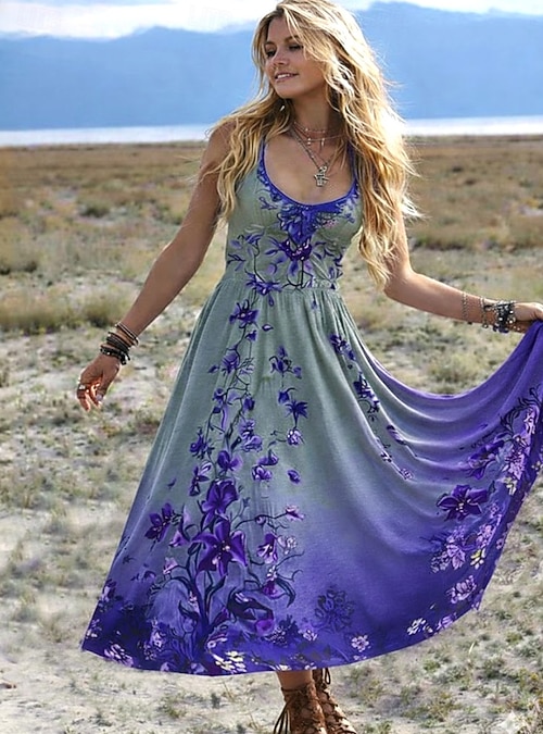 Women's Maxi Dress Sundress A Line Dress Slip Dress Pleated Dress Vacation  Casual Boho Daily Beach Holiday Regular Fit Floral Graphic Sleeveless U  Neck Light Purple Summer Spring 2026 - $33.99