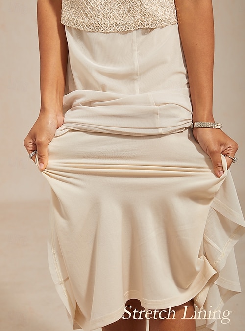 Women's Jacket Dress Midi Dress Sheath Dress A Line Dress Elegant Daily Wedding Guest Date Sequins Illusion Solid Color Sleeveless Crew Neck Champagne