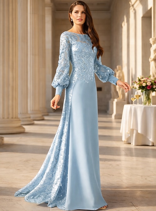 slim fit dress slacks Zapaka Women Blue Long Mother of The Bride Dress A-Line Embroidered Cap Sleeves Round Neck Wedding Guest Dress, Blue / US16 main image 0