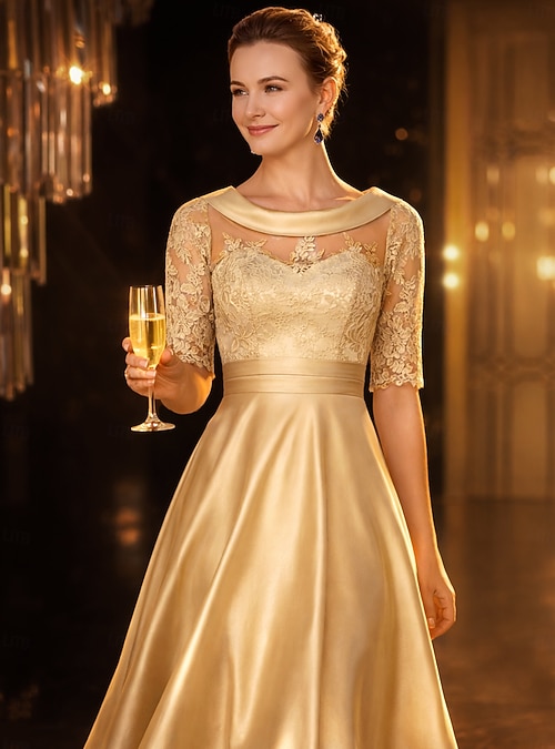 A-Line Tea Length Party Dress Cocktail Dress Wedding Guest Dress Mother of  the Bride Dress Half Sleeve Scoop Neck Elegant Vintage Wedding Guest Satin  Lace with Ruched Appliques 2026 - $104.99