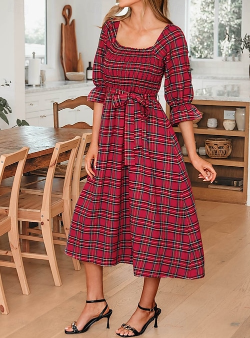 Women's Midi Dress Plaid Dress Elegant Fashion Modern Daily Outdoor Vacation Regular Fit Floral Sleeveless Square Neck Red Green Spring Fall 2026 - $52.99 Women's Midi Dress Plaid Dress Elegant Fashion Modern Daily Outdoor Vacation Regular Fit Floral Sleeveless Square Neck Red Green Spring Fall 2026 - $52.99