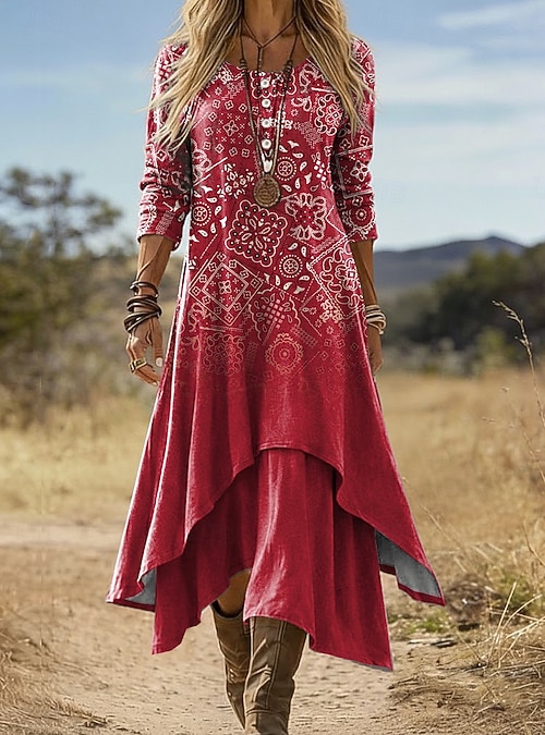 red boho midi dress Red Ikat Boho Midi Dress  Handcrafted Cotton Dress With White Tribal Print  | Relaxed Fit Summer Dress | Ethnic Handmade Fashion