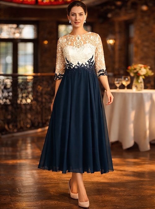 A-Line Tea Length Party Dress Cocktail Dress Wedding Guest Dress Mother of the Bride Dress Half Sleeve Jewel Neck Elegant Vintage Wedding Guest
