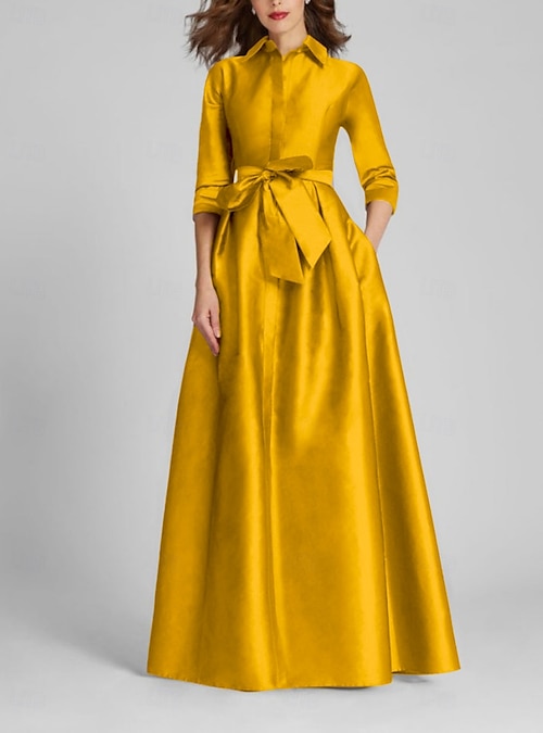A-Line Floor Length Shirt Dress Wedding Guest Dress Formal Dresses Mother  of the Bride Dress Half Sleeve Shirt Collar Minimalist Formal Wedding Guest  Fall Satin with Bow(s) Pleats 2026 - $157.99