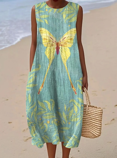 Women's Midi Dress Linen Like Sundress Shift Dress A Line Dress Vacation  Casual Boho Beach Party Going out Loose Fit Floral Graphic Sleeveless  Crewneck White Light Green Pink Orange Summer Spring 2026 -