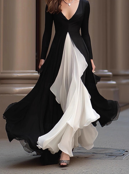black chiffon swing dress Women's Maxi Dress Chiffon Dress Swing Dress Elegant Fashion Modern Outdoor  Vacation Going out Regular Fit Color Block Long Sleeve V Neck Black Spring  Fall 2026