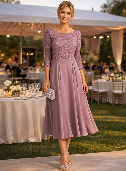 A-Line Ankle Length Party Dress Cocktail Dress Wedding Guest Dress Mother  of the Bride Dress 3/4 Length Sleeve Crew Neck Elegant Wedding Guest Engagement  Party Chiffon with Pleats Appliques 2026 - GBP 168