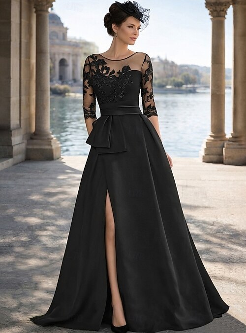 A-Line Court Train Wedding Guest Dress Formal Dresses Flare Dress Mother of  the Bride Dress 3/4 Length Sleeve Jewel Neck Black Dress High Split Wedding  Guest Fall Satin with Beading Slit Appliques