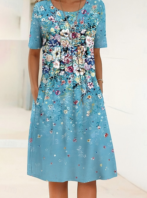 Women's Midi Dress Shift Dress Summer Dress Vacation Casual Daily Regular  Fit Floral Graphic Half Sleeve Crew Neck Blue Purple Orange Green Summer  Spring 2026 - $43.99