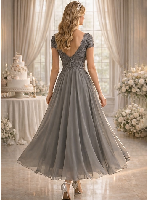 A-Line Floor Length Party Dress Cocktail Dress Wedding Guest Dress Mother  of the Bride Dress Short Sleeve V Neck Elegant Wedding Guest with Solid  Color 2026 - $167.99