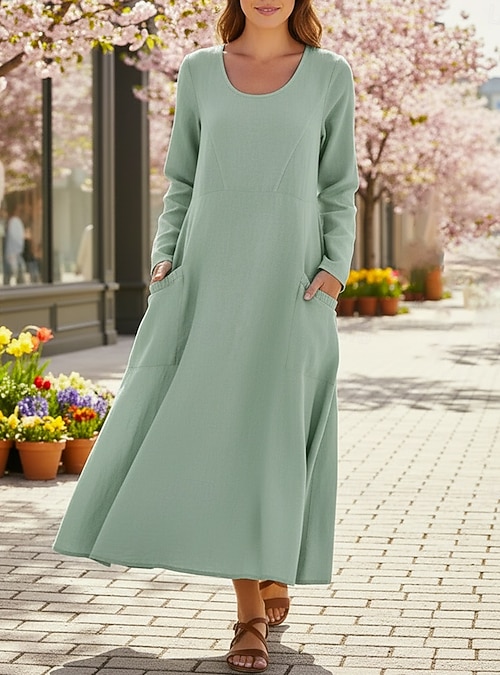 Women's Midi Dress Cotton Linen Dresses Shift Dress Fashion Modern Daily Outdoor Vacation Loose Fit Plain Long Sleeve Crew Neck White Light Green Pink