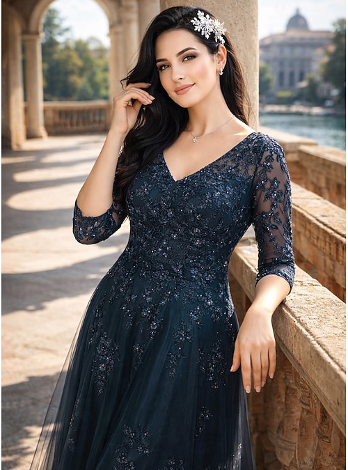A-Line Floor Length Beaded Eembroidered Wedding Guest Dress Formal Dresses  Mother of the Bride Dress 3/4 Length Sleeve V Neck Elegant Wedding Guest  Engagement Party Lace Tulle with Beading Appliques 2026 -