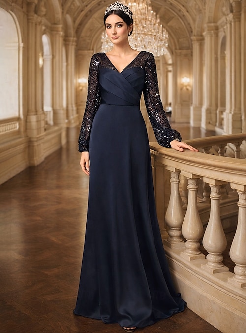 minimalist formal dress A-Line Floor Length Wedding Guest Dress Formal Dresses Evening Gown Mother  of the Bride Dress Long Sleeve V Neck Elegant Simple Minimalist Formal  Wedding Guest Satin Sequined with Pleats 2026