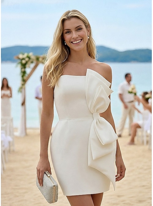 little white dress fit and flare Fit & Flare Short Mini White Dress Little White Dress Elegant Sleeveless  Strapless Wedding Satin with Bow(s) 2026
