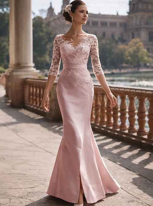 Mermaid Trumpet Floor Length Wedding Guest Dress Formal Dresses Evening Gown Mother of the Bride Dress 3/4 Length Sleeve Scoop Neck Elegant Party Formal Formal Evening Satin Lace with Pleats Split 2026 - $183.99 Mermaid Trumpet Floor Length Wedding Guest Dress Formal Dresses Evening Gown Mother of the Bride Dress 3/4 Length Sleeve Scoop Neck Elegant Party Formal Formal Evening Satin Lace with Pleats Split 2026 - $183.99