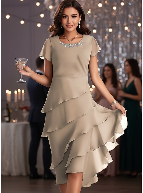 chiffon midi dress wedding guest Ever-Pretty Elegant Pleated Chiffon Midi Semi Semi Formal Dress with Ruffled Sleeves Occasion Dress