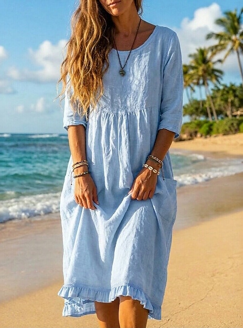 Women's Midi Dress Linen-feel Dresses Shift Dress Sundress Beach Dress Vacation Basic Holiday Weekend Loose Fit Plain 3/4 Length Sleeve Crew Neck Blue Black Green Apricot Summer Spring 2026
