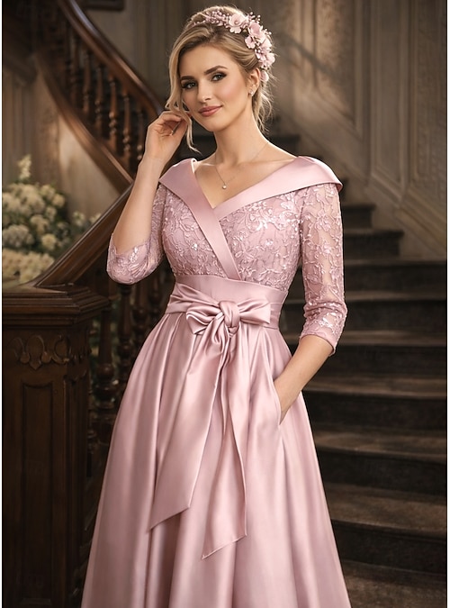 A-Line Floor Length Wedding Guest Dress Formal Dresses Flare Dress Mother  of the Bride Dress 3/4 Length Sleeve V Neck Elegant Wedding Guest  Engagement Party Satin Lace with Lace Bow(s) Pleats 2026 -