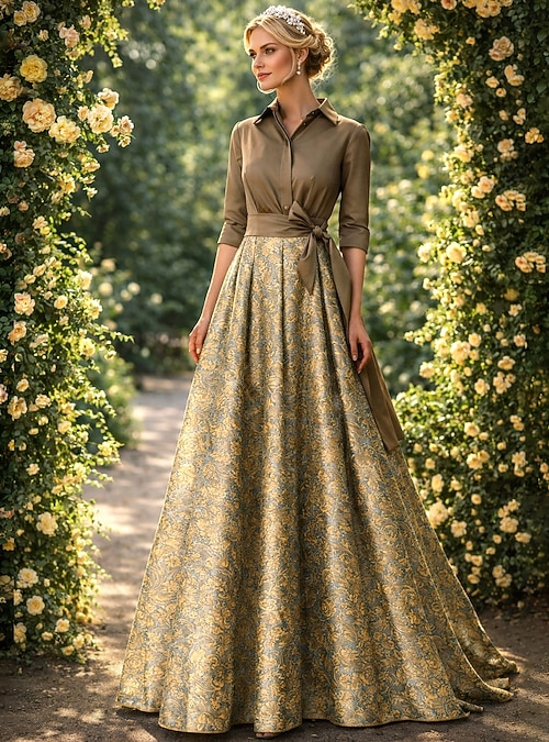A-Line Floor Length Shirt Dress Wedding Guest Dress Formal Dresses Mother  of the Bride Dress Long Sleeve Shirt Collar Elegant Vintage Wedding Formal  Nylon with Floral Print Bow(s) Pocket 2026 - AU